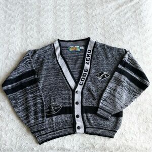 Vintage Code Zero Cardigan Sweater Mens Large Black Gray Knit 80s Hip Hop Vtg